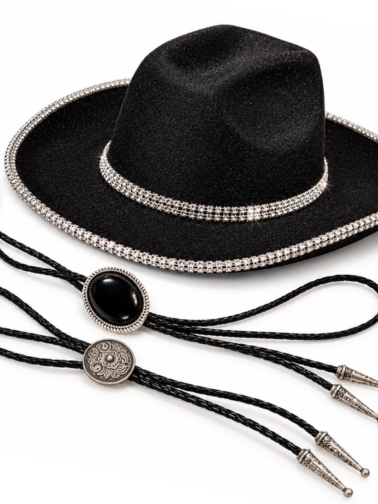 Accessories - Black Rhinestone Cowboy Hat + 2 Bolo Ties Set
